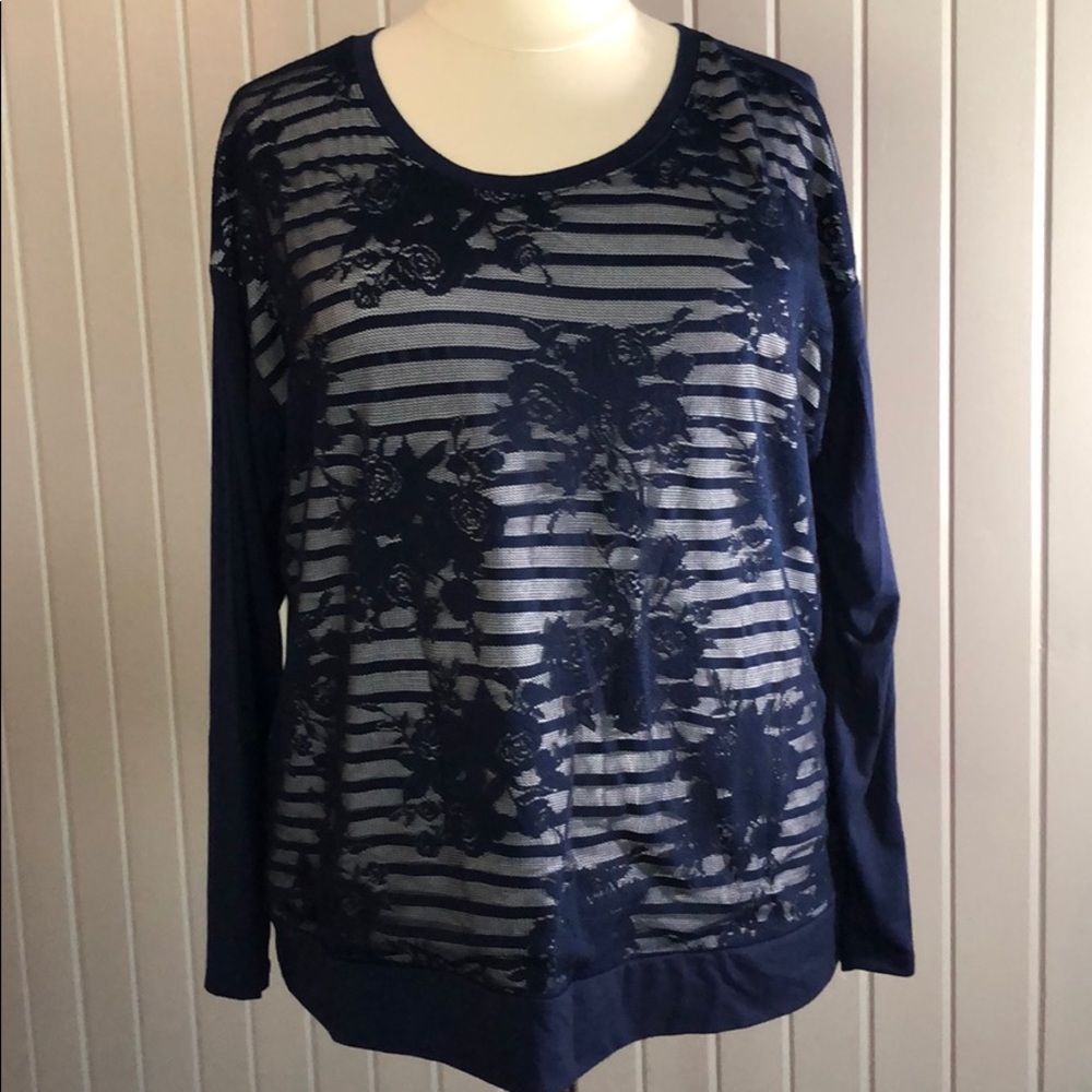 LANE BRYANT NAVY LACE MIXED FABRIC TEE 22-24